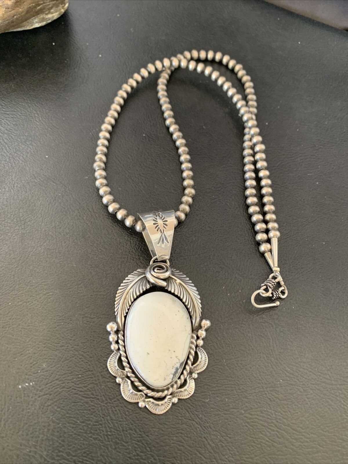 Navajo Pearls | Sterling Silver White Buffalo Turquoise Necklace Pendant 10943