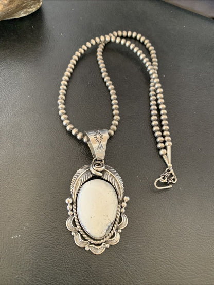 Navajo Pearls | Sterling Silver White Buffalo Turquoise Necklace Pendant 10943