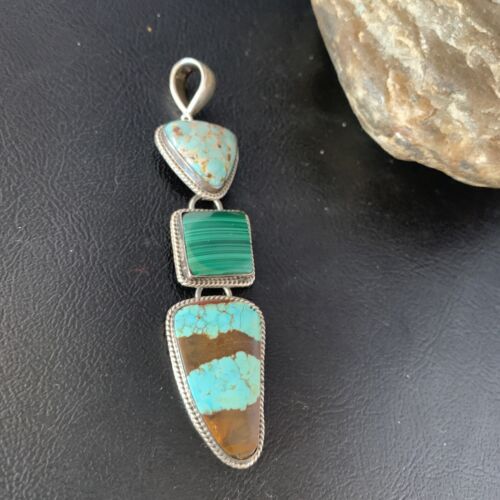 Navajo Pearls Necklace Pendant | Sterling Silver | Blue Turquoise #8 Malachite | Native American Handmade | 13500