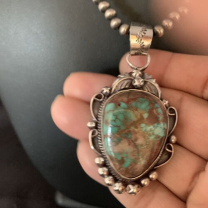 Men's Navajo Green Royston Turquoise Pendant Necklace | Sterling Silver | Authentic Native American Handmade | 13662 - Masha USA