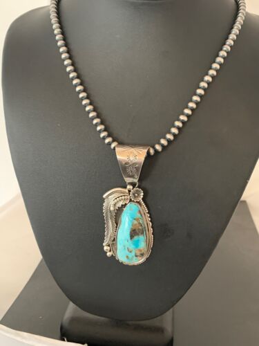 Men's Kingman Turquoise Pendant | Navajo Pearls Sterling Silver Necklace | Authentic Native American Handmade | 4301