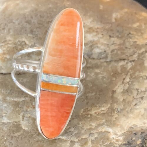Native Navajo Sterling Silver Red Spiny Oyster Opal Inlay Ring Sz 8 11581