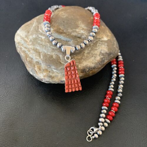 Navajo Red Coral Corn Inlay Necklace Pendant | Sterling Silver | 21" | Authentic Native American Handmade | 12584