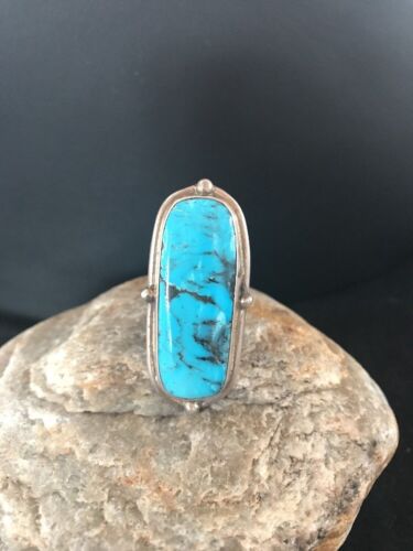 Navajo Blue Turquoise Ring | Sterling Silver | Adjustable | Authentic Native American Handmade | 10209