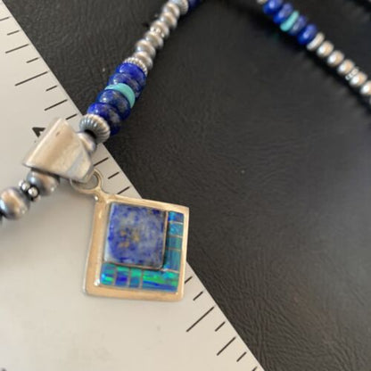 Navajo Men's Blue Lapis Turquoise Opal Inlay Pendant Necklace | Sterling Silver | 21" | 12604
