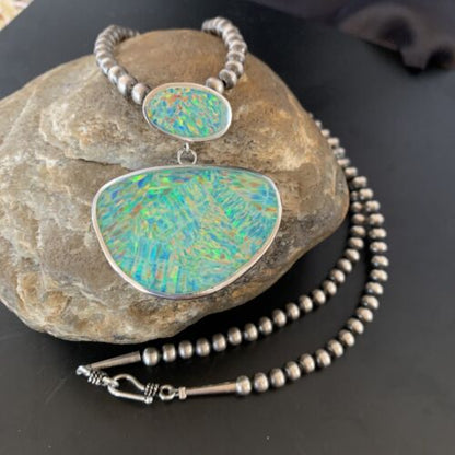 Navajo Blue Gilson Opal Inlay Pendant Necklace | Authentic Native American Sterling Silver | Multi-Stone | 11457 - Masha USA
