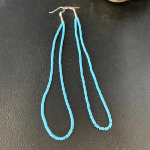Navajo Silver Heishi Beads Turquoise Earrings | Sterling Silver | 5" | Authentic Native American Handmade | 13503
