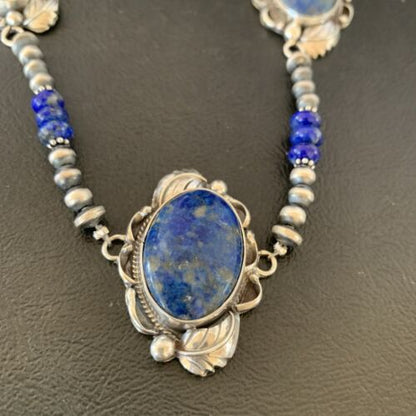 Navajo Pearls Necklace with 3 Stone Blue Denim Lapis Pendant | Sterling Silver | Native American Handmade | 10821
