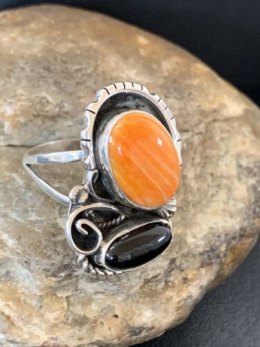 Navajo Black Onyx Orange Spiny Oyster Multi-Stone Ring | Authentic Native American Sterling Silver | Sz 11 | 02168