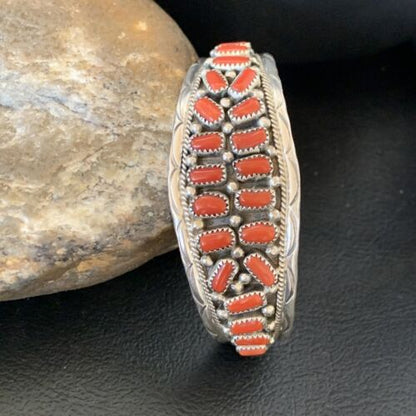 Navajo Multi-Stone Red Coral Bracelet | Sterling Silver | Authentic Native American Handmade | 12235