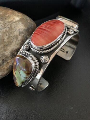 Navajo Green Royston Turquoise Spiny Oyster Cuff Bracelet | Sterling Silver | Authentic Native American Handmade | 1379