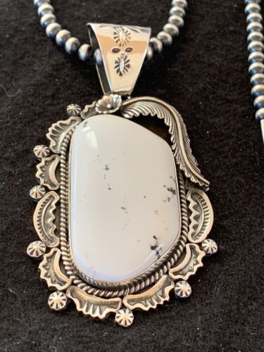 Men's White Buffalo Turquoise Pendant Necklace | Navajo Sterling Silver | 4124