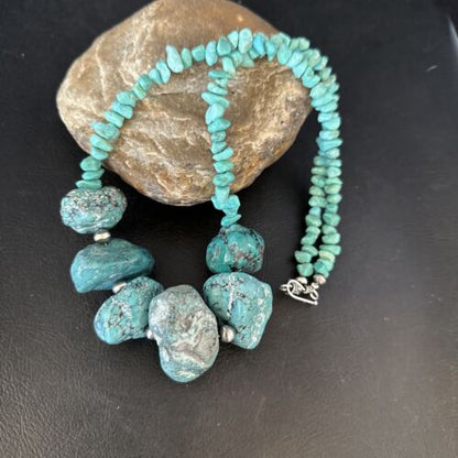 Navajo Chunky Blue Turquoise Necklace | Sterling Silver | Authentic Native American Handmade | 20" | 14413