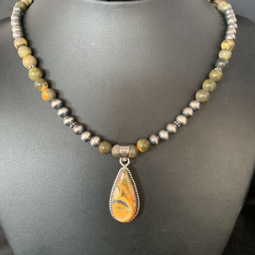 Men's Navajo Pearls Necklace | Gold Bumblebee Jasper Pendant | Sterling Silver | Native American Handmade | 13811