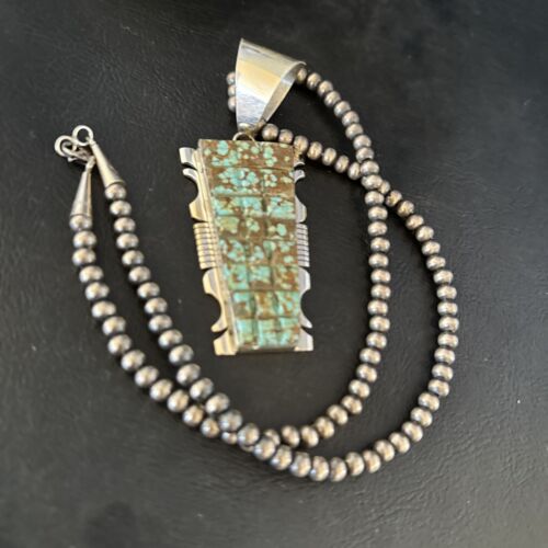 Authentic Native American Navajo Blue Turquoise Necklace Pendant | Sterling Silver | 8" | 14462