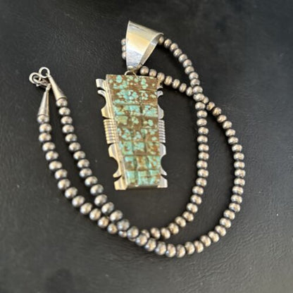 Authentic Native American Navajo Blue Turquoise Necklace Pendant | Sterling Silver | 8" | 14462