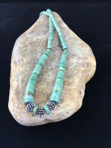 Navajo Green Turquoise Heishi Necklace | Sterling Silver | 22" | Graduated 10051