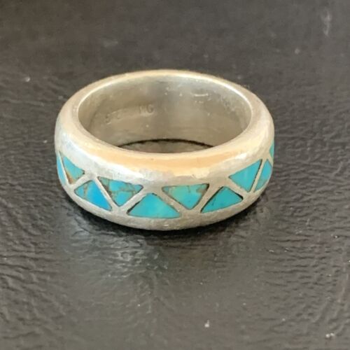 Men's Old Pawn Navajo Blue Turquoise Inlay Ring | Sterling Silver | Sz 6 | Authentic Native American Handmade | 10375