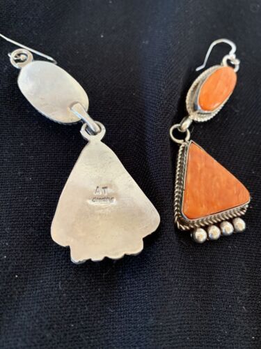 Navajo Orange Spiny Oyster Dangle Earrings | Sterling Silver | Authentic Native American Handmade | 199