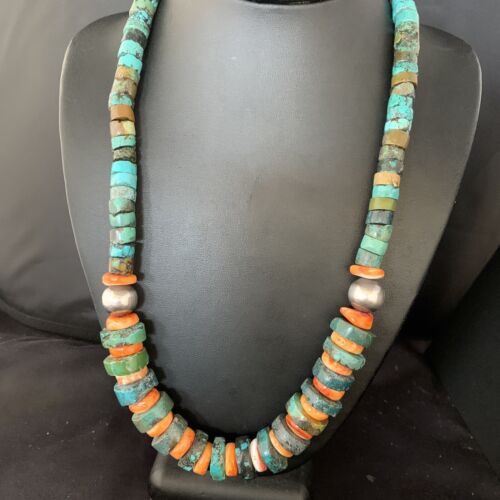 Men's XL Turquoise Heishi & Spiny Oyster Bead Necklace | Sterling Silver | 23" | Authentic Native American | 13977