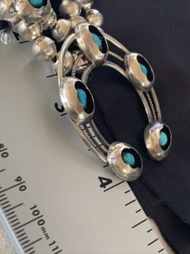 Navajo Kingman Turquoise Shadowbox Squash Blossom Necklace | Sterling Silver | Authentic Native American Handmade | 13108