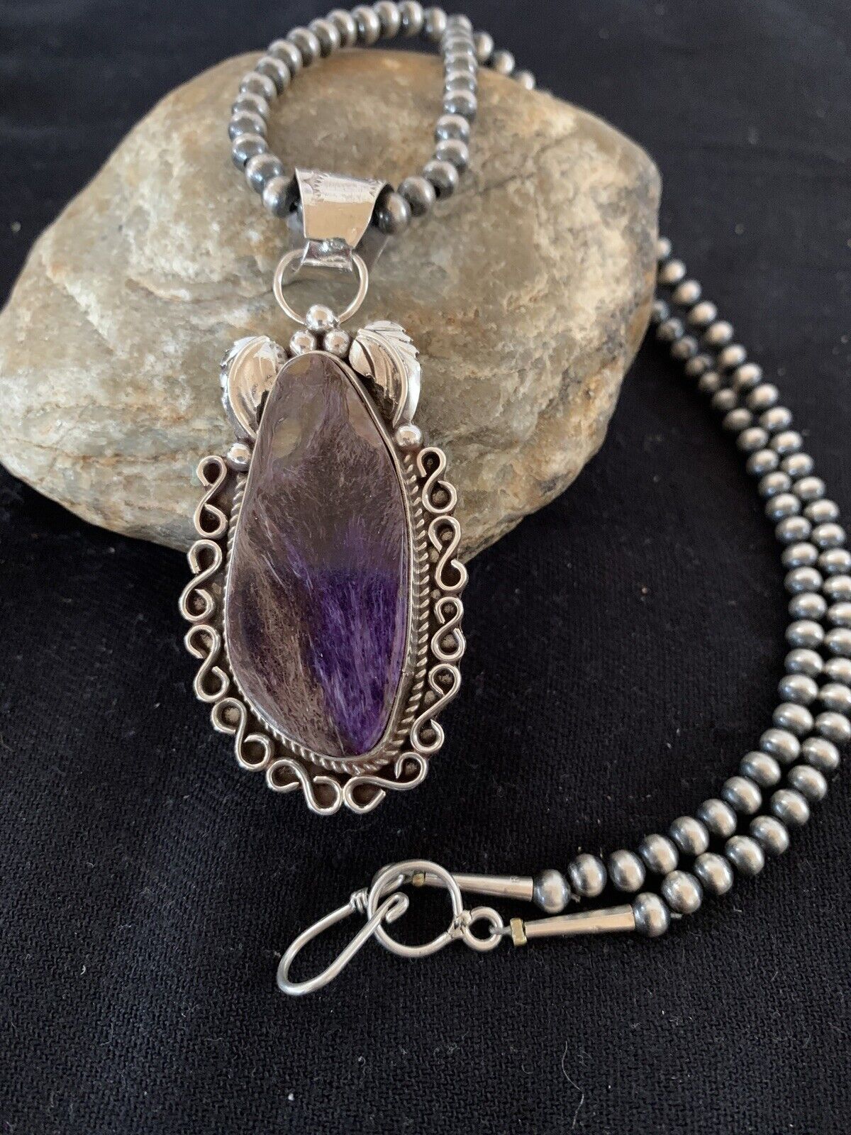 Navajo Pearls Necklace with Purple Charoite Pendant | Sterling Silver | Authentic Native American Handmade | 652