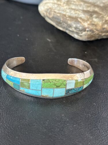 Native American Men's Blue Green Turquoise Inlay Bracelet | Sterling Silver | 14302 - Masha USA