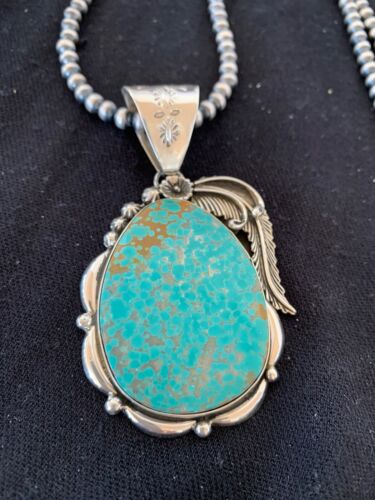 Men's Turquoise #8 Pendant | Navajo Pearls Sterling Silver Necklace | Authentic Native American Handmade | 4619