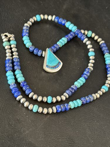 Navajo Blue Turquoise Lapis Inlay Pendant Necklace | Sterling Silver | Authentic Native American Handmade | 14636