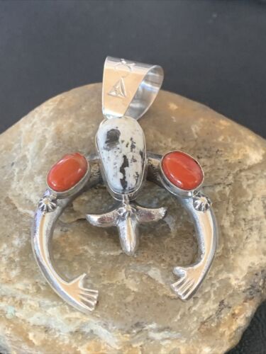 Navajo White Buffalo Turquoise Coral Naja Pendant | Sterling Silver | Authentic Native American Handmade | 11573