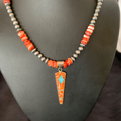 Navajo Pearls Sterling Silver Necklace | Opal Red Spiny Oyster Inlay Pendant | Authentic Native American Handmade | 11322