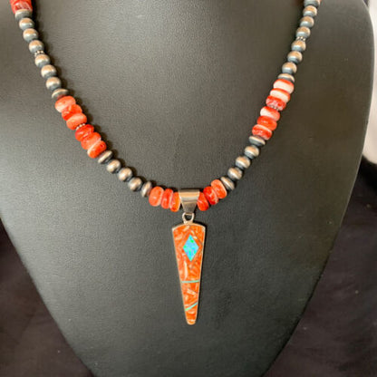 Navajo Pearls Sterling Silver Necklace | Opal Red Spiny Oyster Inlay Pendant | Authentic Native American Handmade | 11322