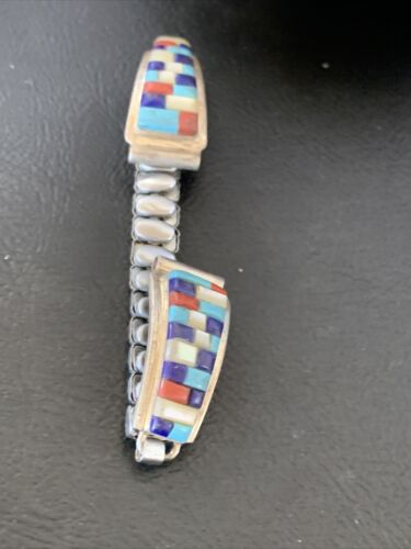 Navajo Sterling Silver Watch Tips with Turquoise, Coral & Mother of Pearl Inlay Band | Authentic Native American Jewelry | 12138