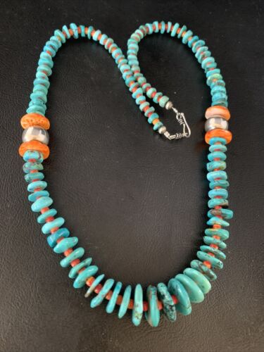 Navajo Natural Turquoise & Spiny Oyster Necklace | Sterling Silver | Authentic Native American | 25" | 13493