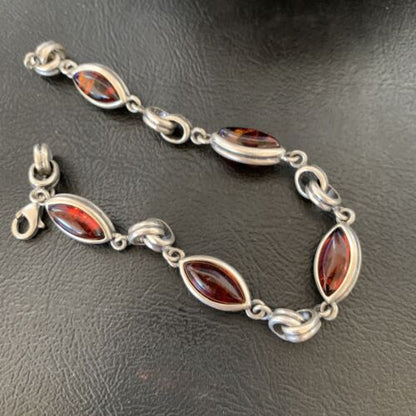 Navajo Deep Gold Amber Link Bracelet | Sterling Silver | 8.25" | Authentic Native American Handmade | 12656