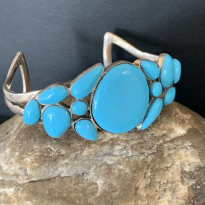 Navajo Sterling Silver Blue Kingman Turquoise Cuff Bracelet | 13 Stone | Authentic Native American Handmade | 12692