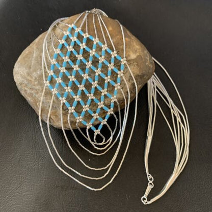 Navajo Blue Turquoise Liquid Heishi Necklace | 7 Strand Sterling Tubes | 18" | Authentic Native American | 12626