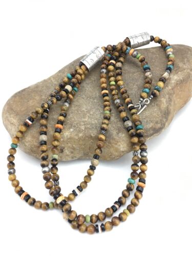 Navajo Sterling Necklace | Tiger's Eye & Turquoise | Multi-Color 3 Strand | 18" | 4892
