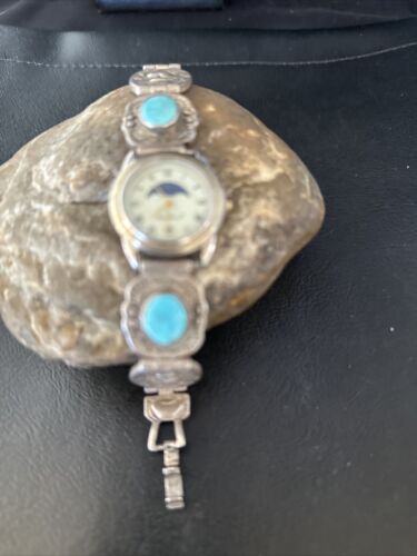 Old Pawn Women's Blue Turquoise Navajo Sterling Silver Watch Tips | Authentic Native American Jewelry | 14757