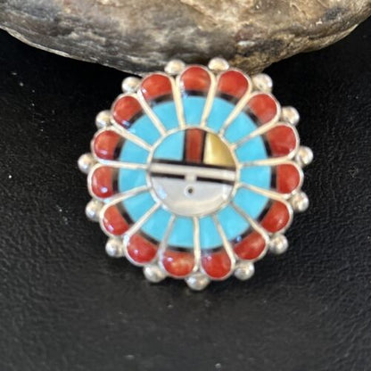 Zuni Sun Face Inlay Ring | Sterling Silver Coral Turquoise Onyx Mother of Pearl | Sz 6.5 | 14452 - Masha USA