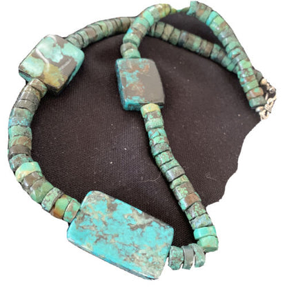 Native American Rustic Turquoise Nugget Heishi Bead Necklace | Sterling Silver | 22" | 1399