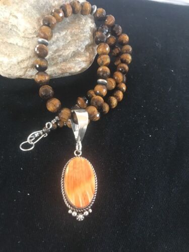 Navajo Spiny Oyster Pendant with Tigers Eye | Sterling Silver Necklace | Authentic Native American Handmade | 3652