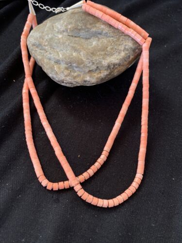 Navajo Pink Coral 2 Strand Heishi Bead Necklace | Sterling Silver Tube | 16" | Authentic Native American | 00758