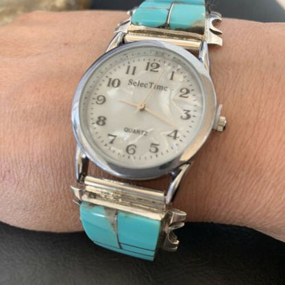 Navajo Men's Watch Tips | Sterling Silver & Turquoise Inlay | Authentic Native American Jewelry | 2094