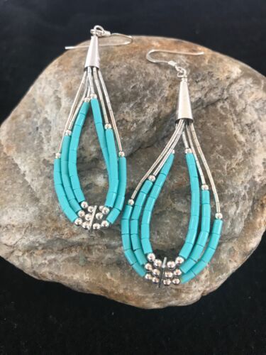 Navajo Sterling Silver Heishi Dangle Turquoise Earrings | 2" | Native American