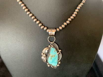 Men's Sterling Silver Blue Dry Creek Turquoise Pendant | Navajo Pearl Necklace 21" | 12975