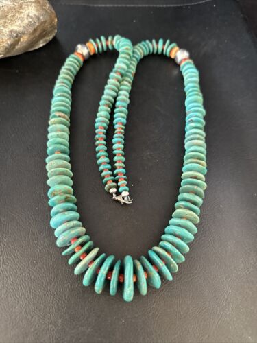 Navajo Turquoise Spiny Oyster Necklace | Sterling Silver | Authentic Native American | 32" | 14362