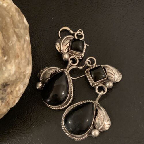 Southwestern Navajo Black Onyx Dangle Earrings | Sterling Silver | 1.5" | 1531
