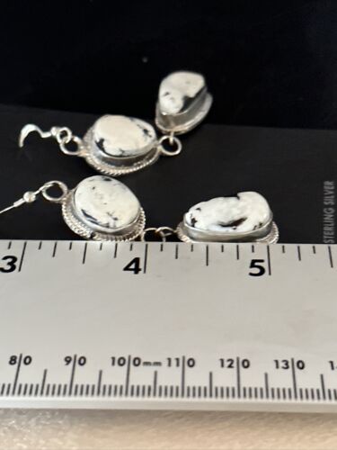Navajo White Buffalo Turquoise Dangle Earrings | Sterling Silver | 2" | Authentic Native American Handmade | 14712