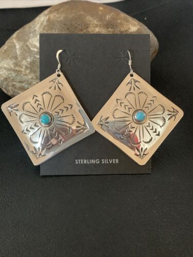 Navajo Turquoise Stamped Earrings | Sterling Silver | Authentic Native American Handmade | 1205